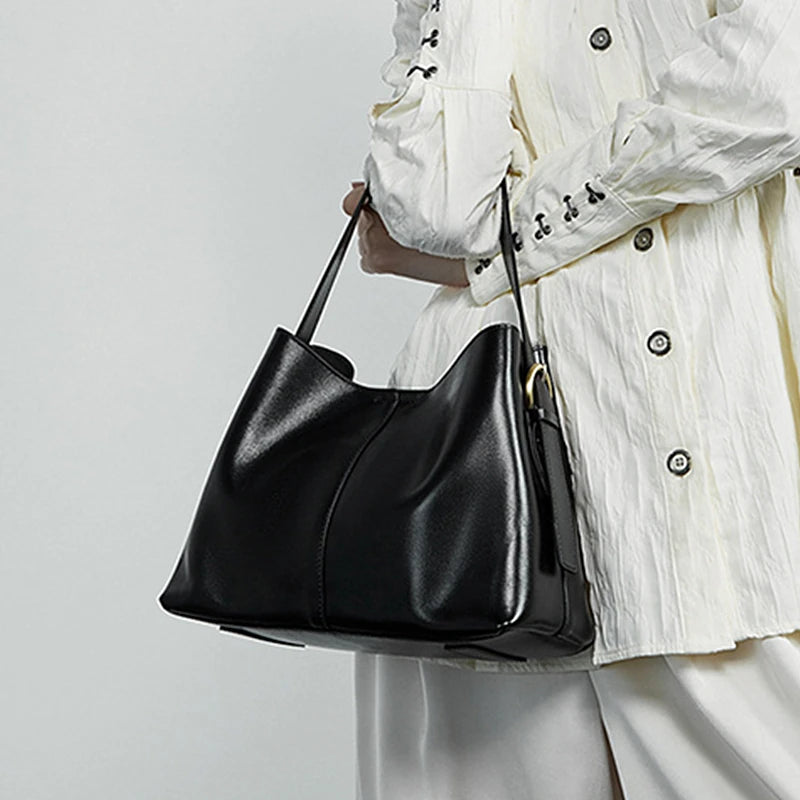 Burminsa Cowhide Genuine Leather Bucket Shoulder Bags For Women 2025 Luxury Designer Crosssbody Purses Tote Work Ladies Handbags