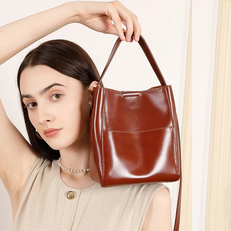 Burminsa Vintage Geuine Leather Bucket Shoulder Bags For Women 2025 Luxury Designer Crossbody Purses Small Tote Ladies Handbags