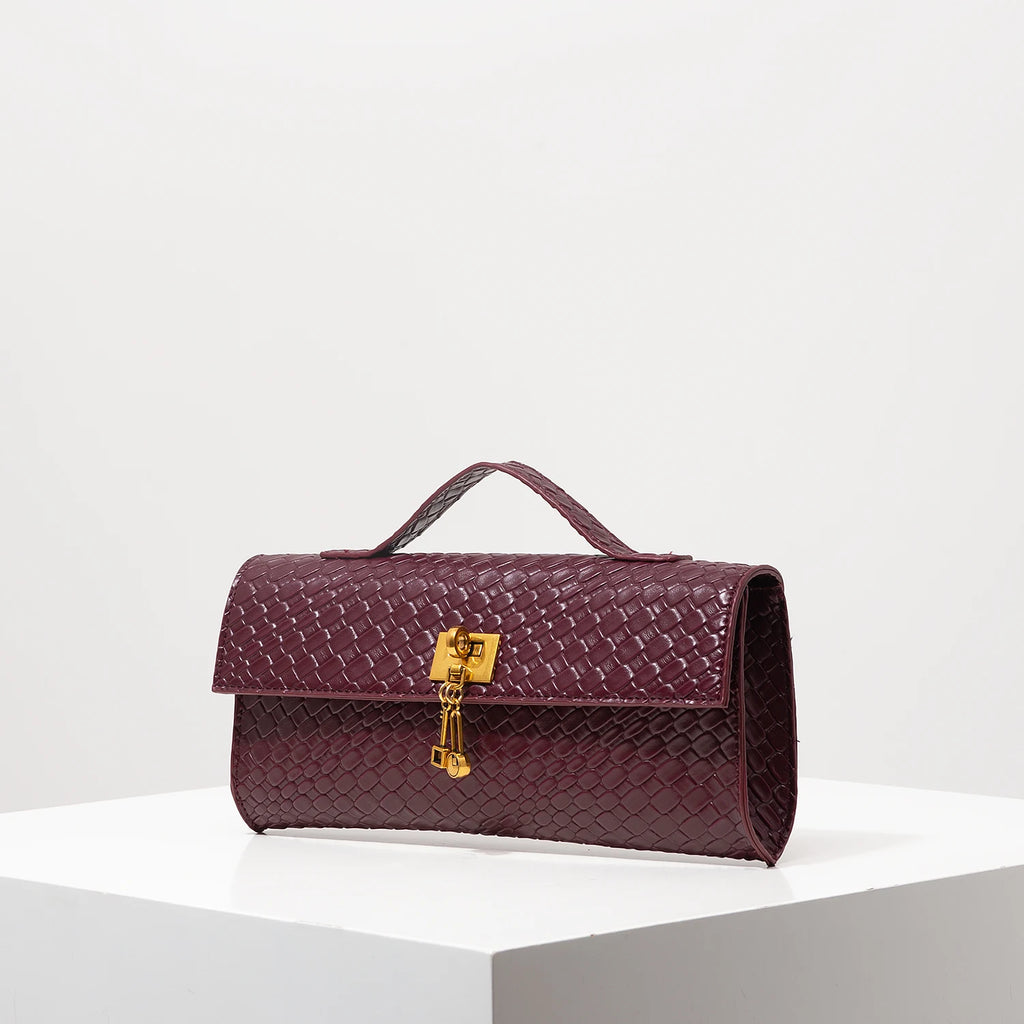 Baguette tecido de couro artificial retrô, embreagem feminina flip, bolsa de noite elegante, carteira borgonha, festa de vestido feminino, item de casamento (padrão aleatório)