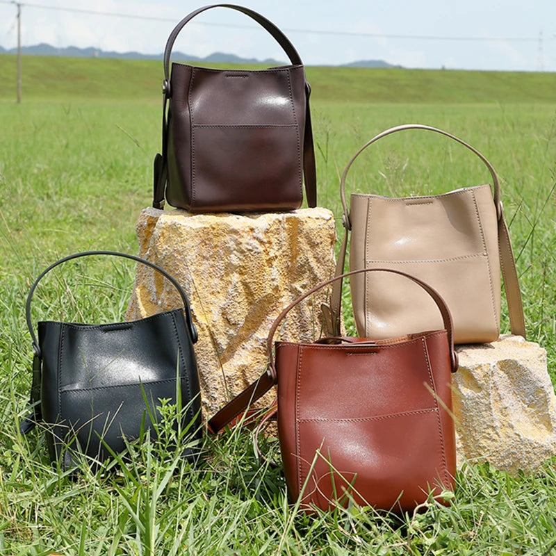 Burminsa Vintage Geuine Leather Bucket Shoulder Bags For Women 2025 Luxury Designer Crossbody Purses Small Tote Ladies Handbags
