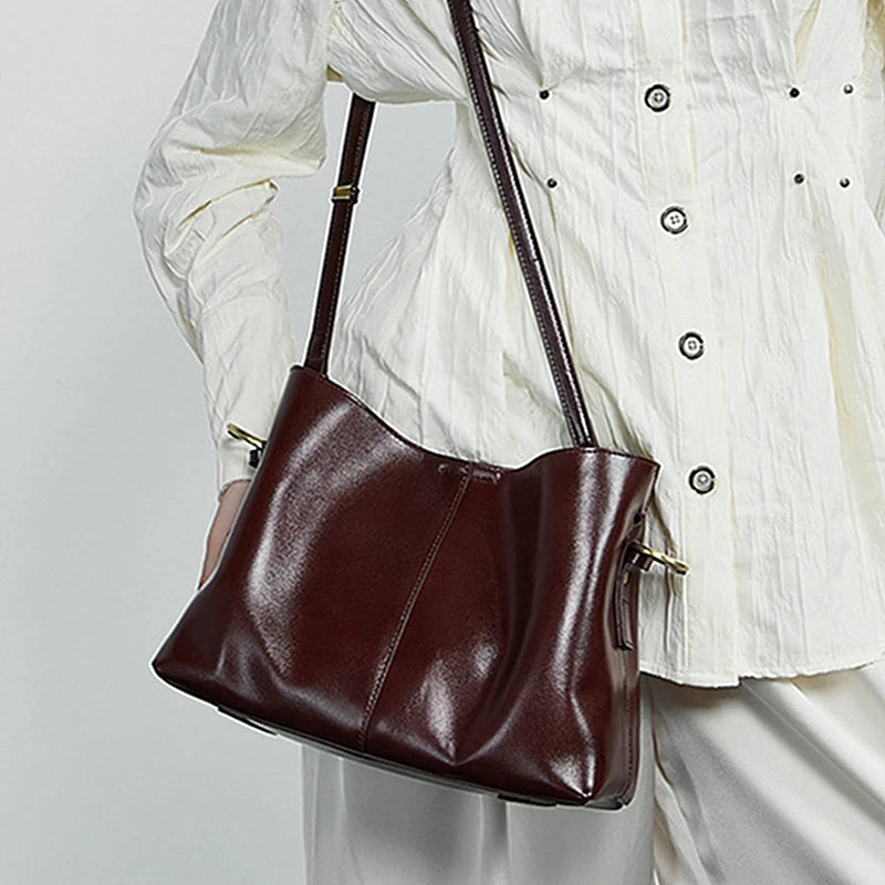 Burminsa Cowhide Genuine Leather Bucket Shoulder Bags For Women 2025 Luxury Designer Crosssbody Purses Tote Work Ladies Handbags