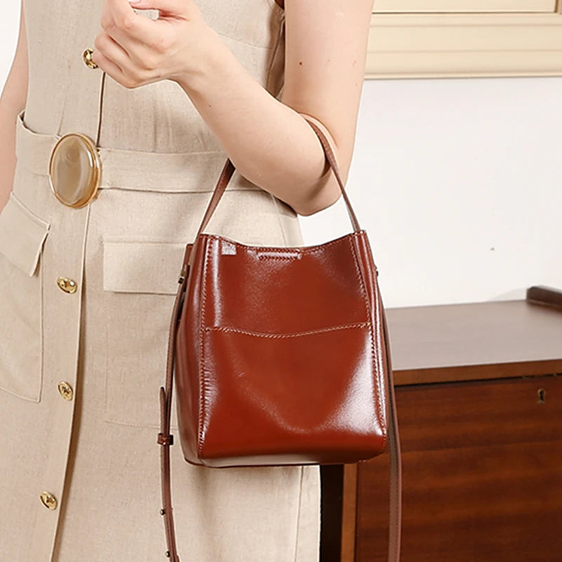Burminsa Vintage Geuine Leather Bucket Shoulder Bags For Women 2025 Luxury Designer Crossbody Purses Small Tote Ladies Handbags