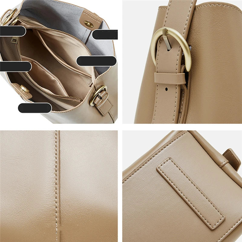 Burminsa Cowhide Genuine Leather Bucket Shoulder Bags For Women 2025 Luxury Designer Crosssbody Purses Tote Work Ladies Handbags