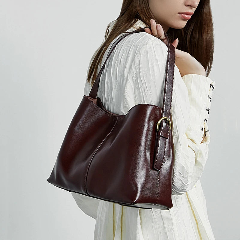 Burminsa Cowhide Genuine Leather Bucket Shoulder Bags For Women 2025 Luxury Designer Crosssbody Purses Tote Work Ladies Handbags