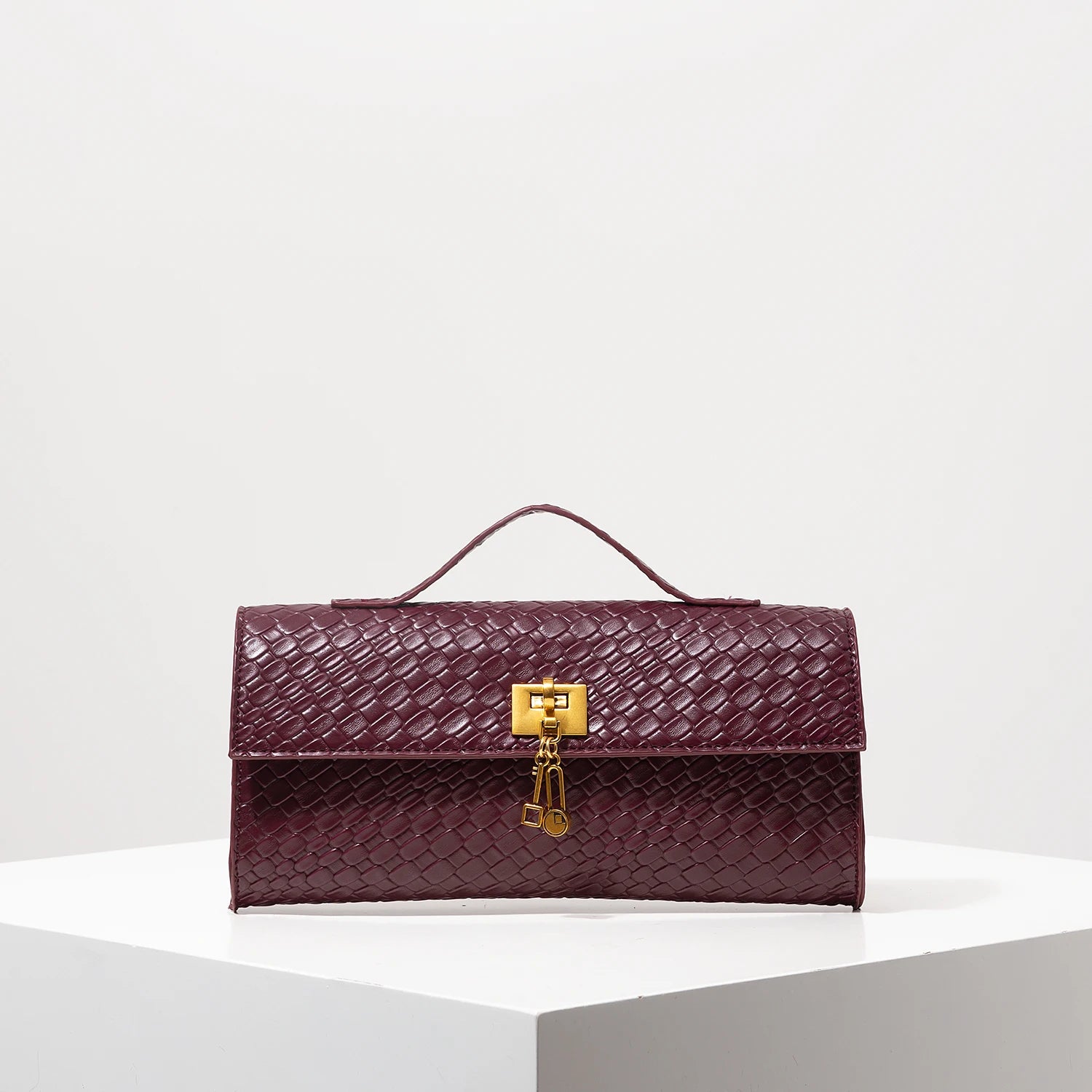 Baguette tecido de couro artificial retrô, embreagem feminina flip, bolsa de noite elegante, carteira borgonha, festa de vestido feminino, item de casamento (padrão aleatório)