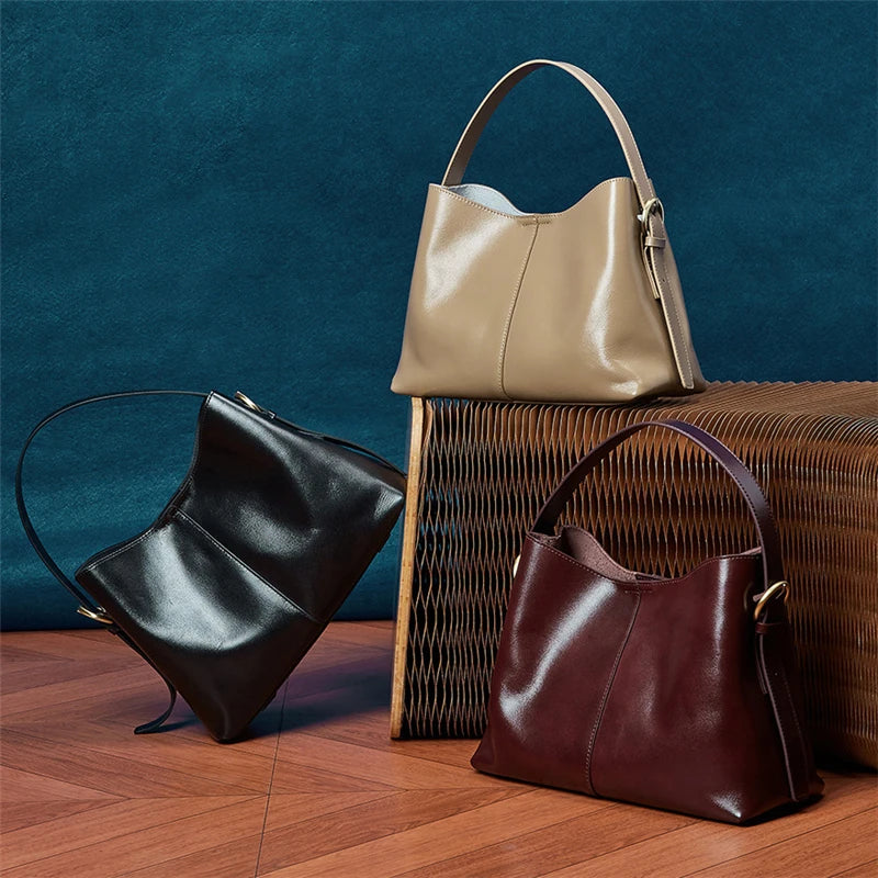 Burminsa Cowhide Genuine Leather Bucket Shoulder Bags For Women 2025 Luxury Designer Crosssbody Purses Tote Work Ladies Handbags