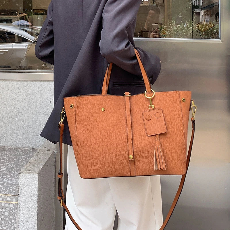 Burminsa Cowhide Genuine Leather Large Bucket Tote Handbags For Women New 2025 Luxury Designer Shopper Bucket Work Shoulder Bags