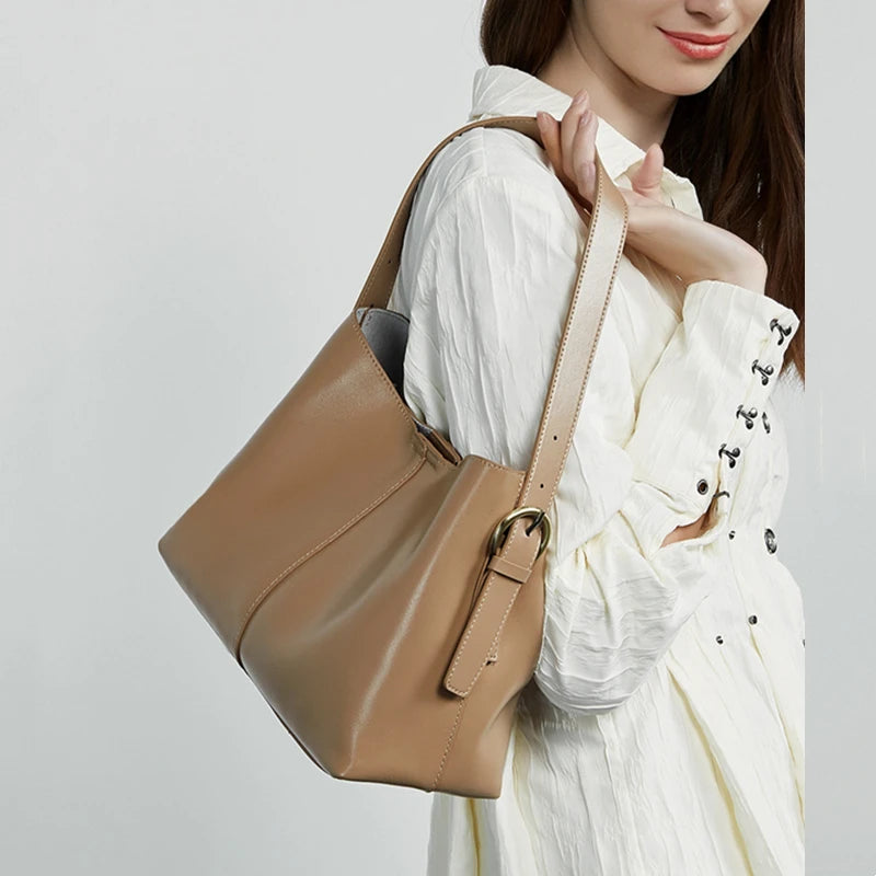 Burminsa Cowhide Genuine Leather Bucket Shoulder Bags For Women 2025 Luxury Designer Crosssbody Purses Tote Work Ladies Handbags