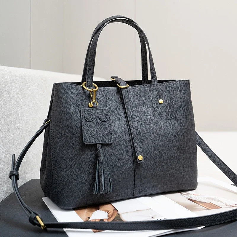 Burminsa Cowhide Genuine Leather Large Bucket Tote Handbags For Women New 2025 Luxury Designer Shopper Bucket Work Shoulder Bags