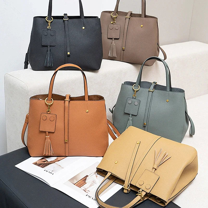Burminsa Cowhide Genuine Leather Large Bucket Tote Handbags For Women New 2025 Luxury Designer Shopper Bucket Work Shoulder Bags